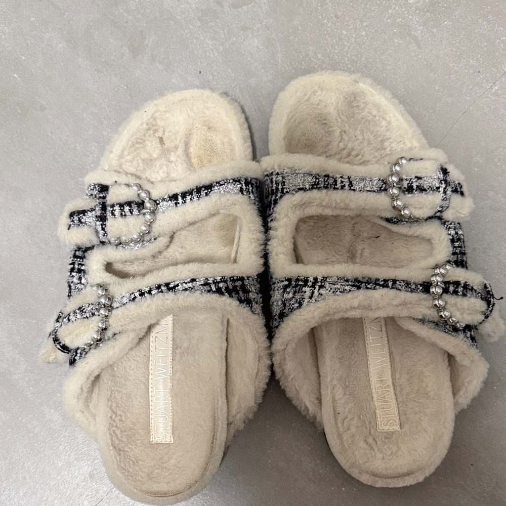 Stuart Weitzman Cream and Black Fuzzy Slippers